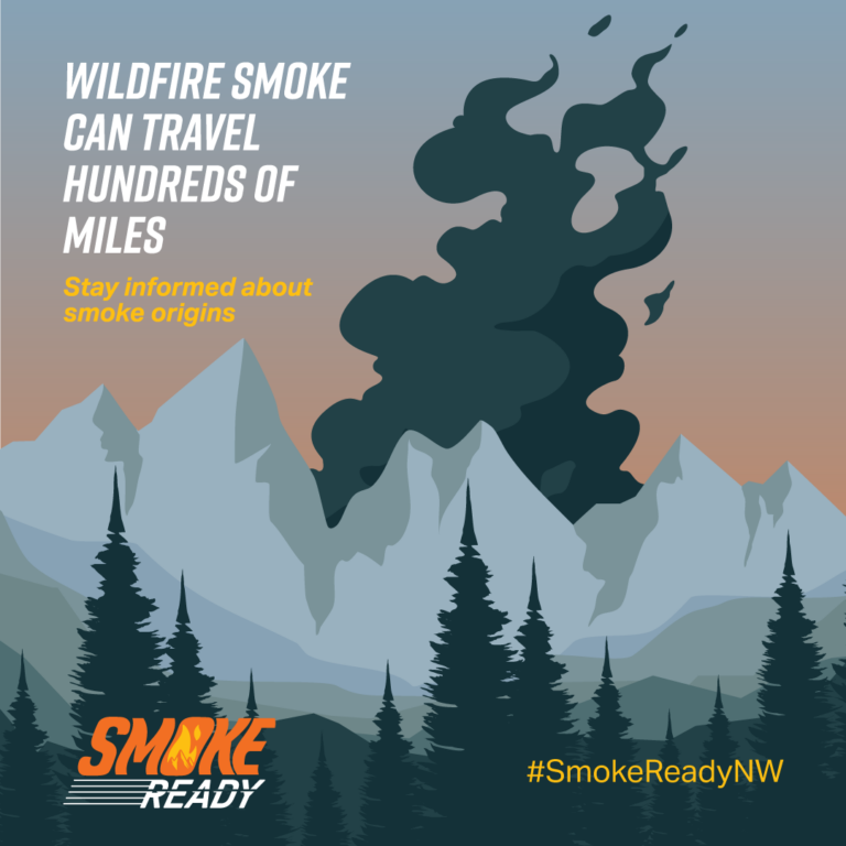 Graphic image with text, "Wildfire smoke can travel hundreds of miles. Stay informed about smoke origins."