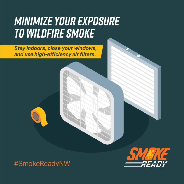 Graphic with text, "minimize your exposure to wildfire smoke" and a graphic image of a box fan and furnace filter.