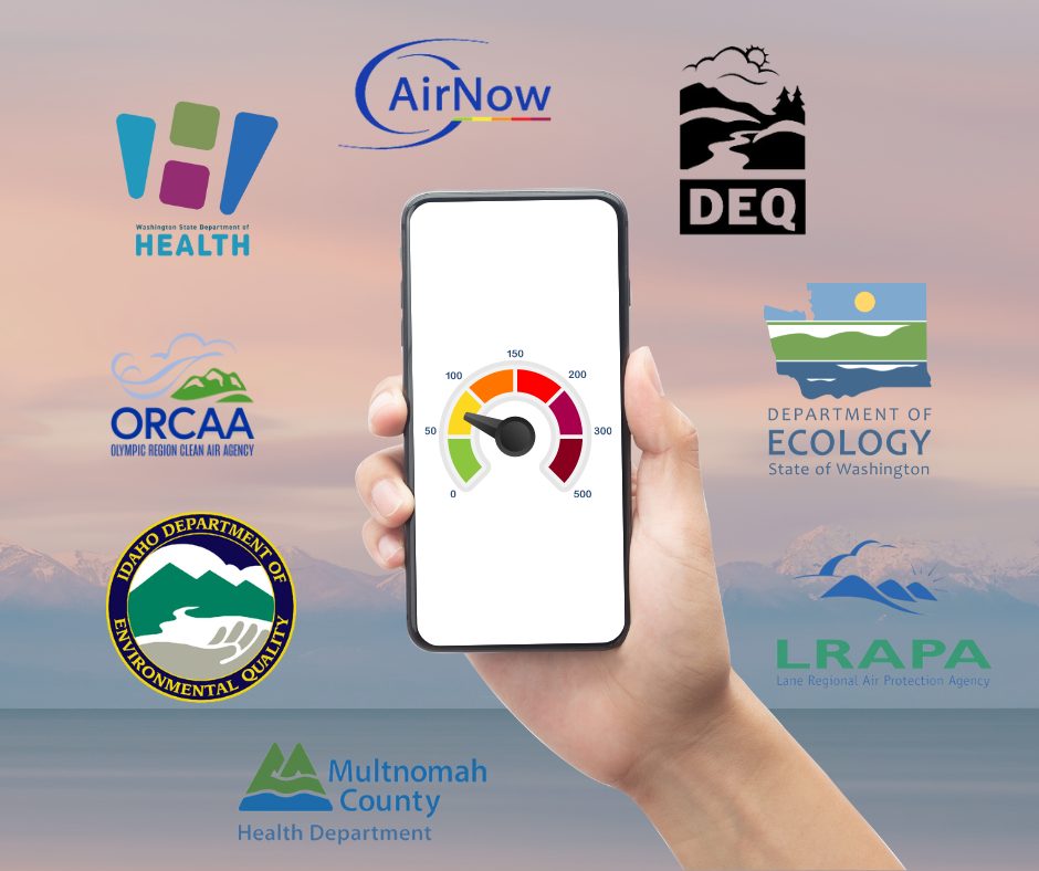 Graphic showing a mobile phone and a number of air quality agency logos