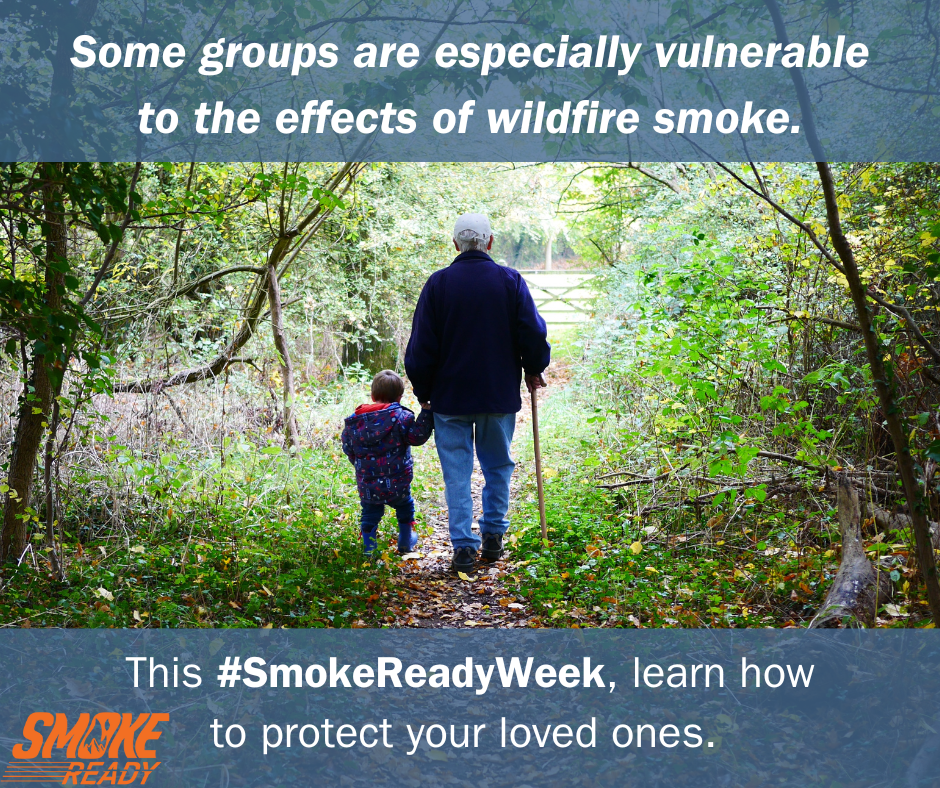 Photo of small child walking with older adult down a forest path. With caption, "Some groups are especiallly vulnerable to the effects of wildfire smoke."